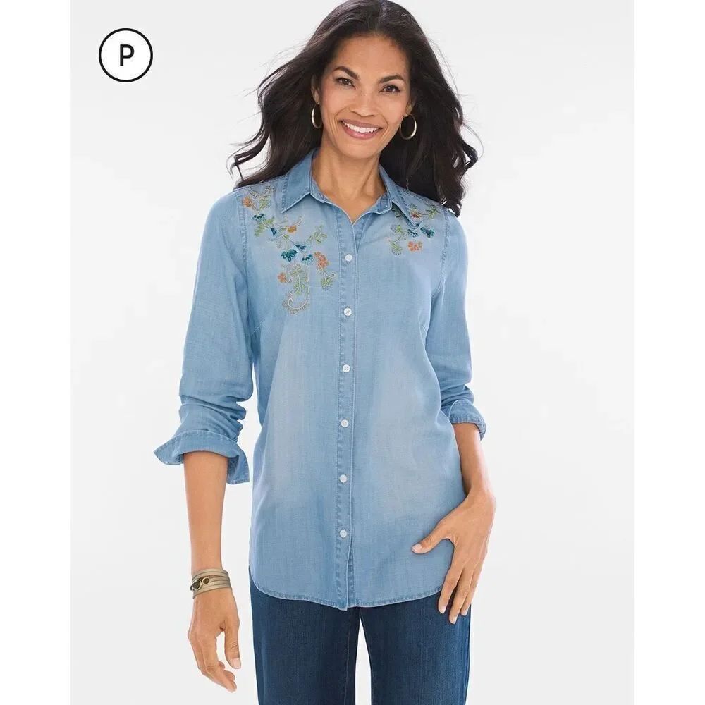 ✨Chico’s Floral Embroidered Denim Sz 1 Shirt✨